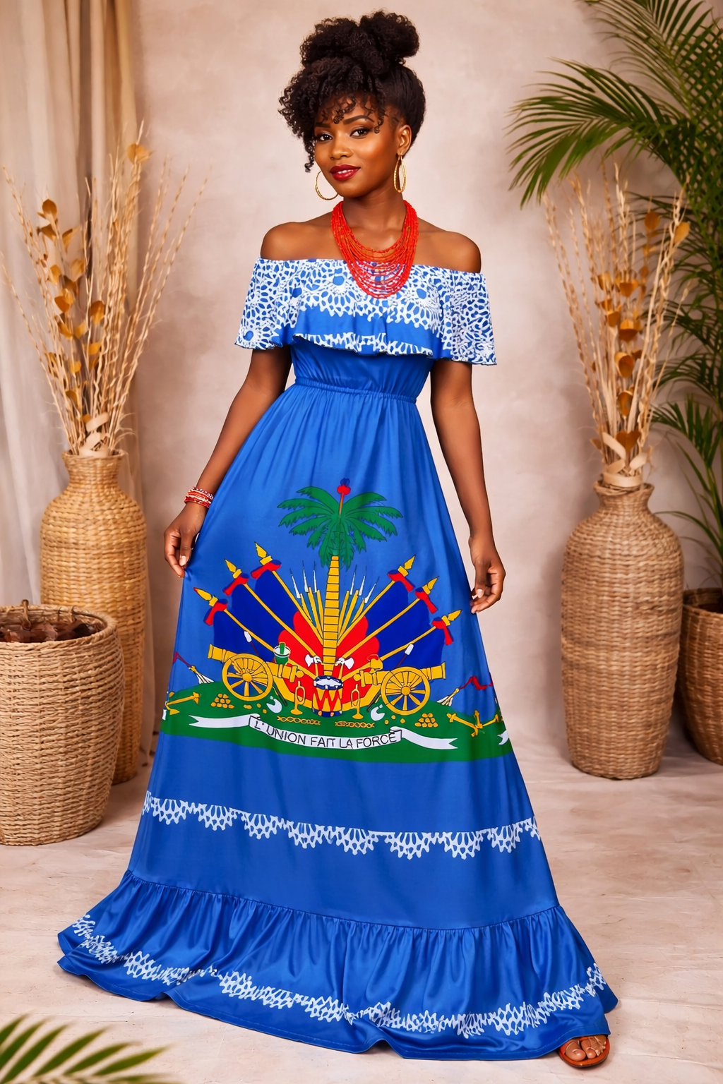 Women’s Haitian Flag Inspired Off-Shoulder Maxi Dress – Cultural Elegant Long Dress