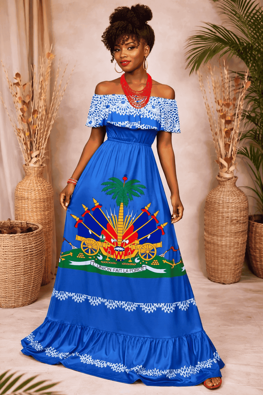 Women’s Haitian Flag Inspired Off-Shoulder Maxi Dress – Cultural Elegant Long Dress
