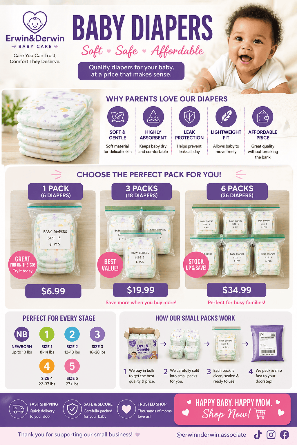 Baby Diapers Soft & Absorbent | Newborn to Size 5 | Value Packs Available