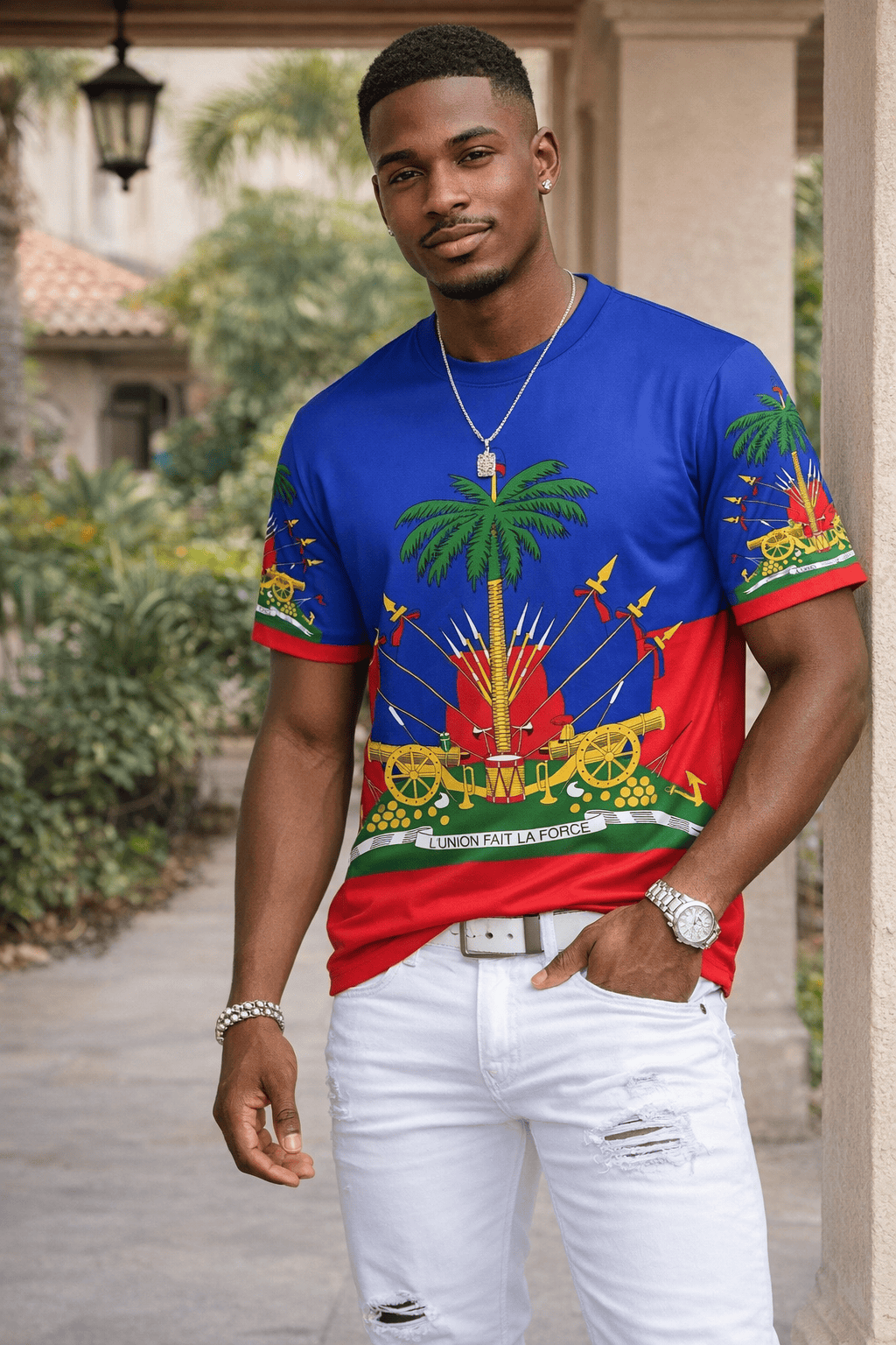 Men’s Haitian Flag T-Shirt – Palm Tree Graphic Short Sleeve Casual Tee (Regular Fit)
