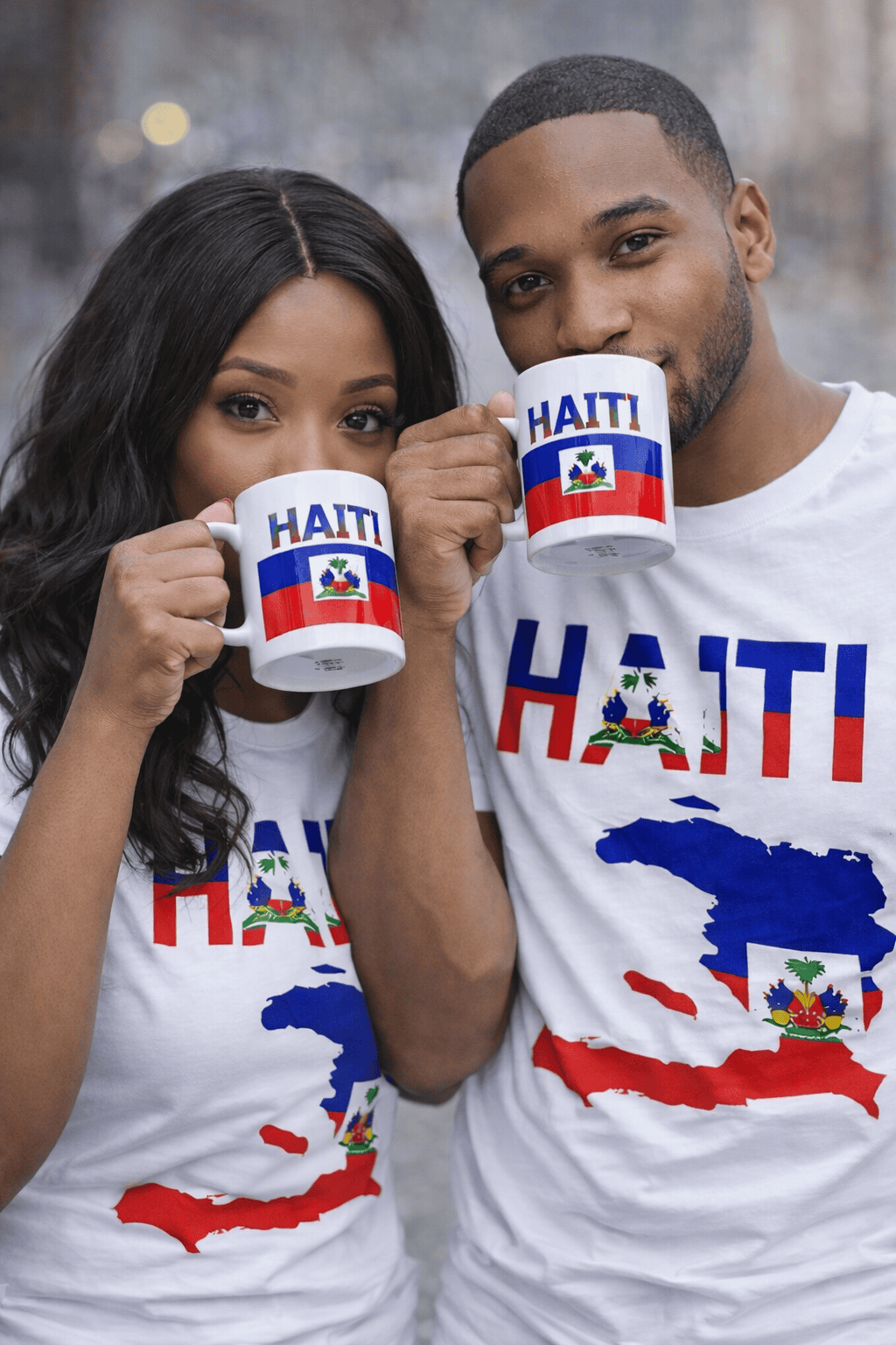 Haiti Map Graphic T-Shirt 
White t-shirt featuring a vibrant Haiti map graphic in blue and red.