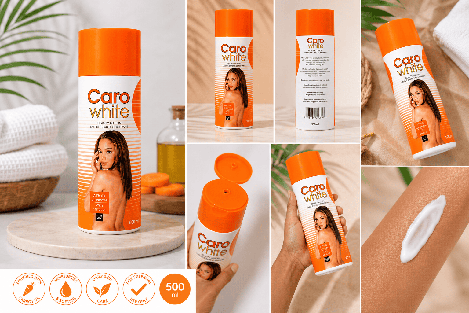 Caro White Carrot Oil Body Lotion, Moisturizing Skin Care, 500 mL