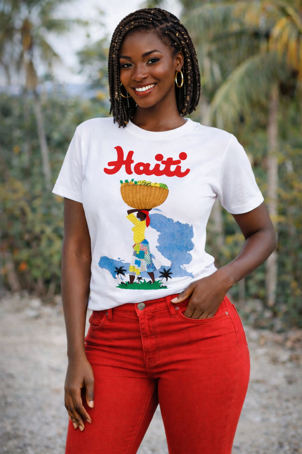 Woman wearing a white t-shirt with 'Haiti' and a graphic design outdoors.