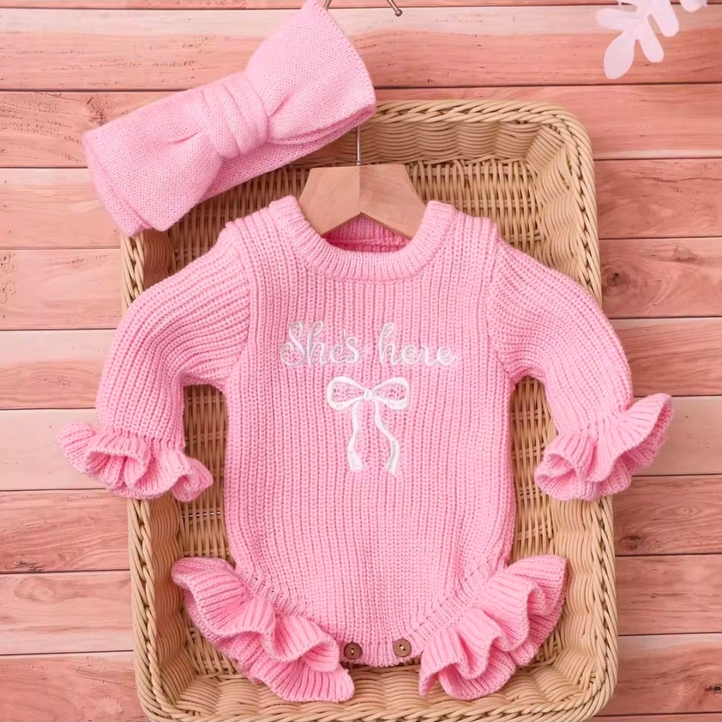 2-Piece Newborn Baby Girl Knitted Romper & Bow Headband Set | Soft Long Sleeve Photo Outfit