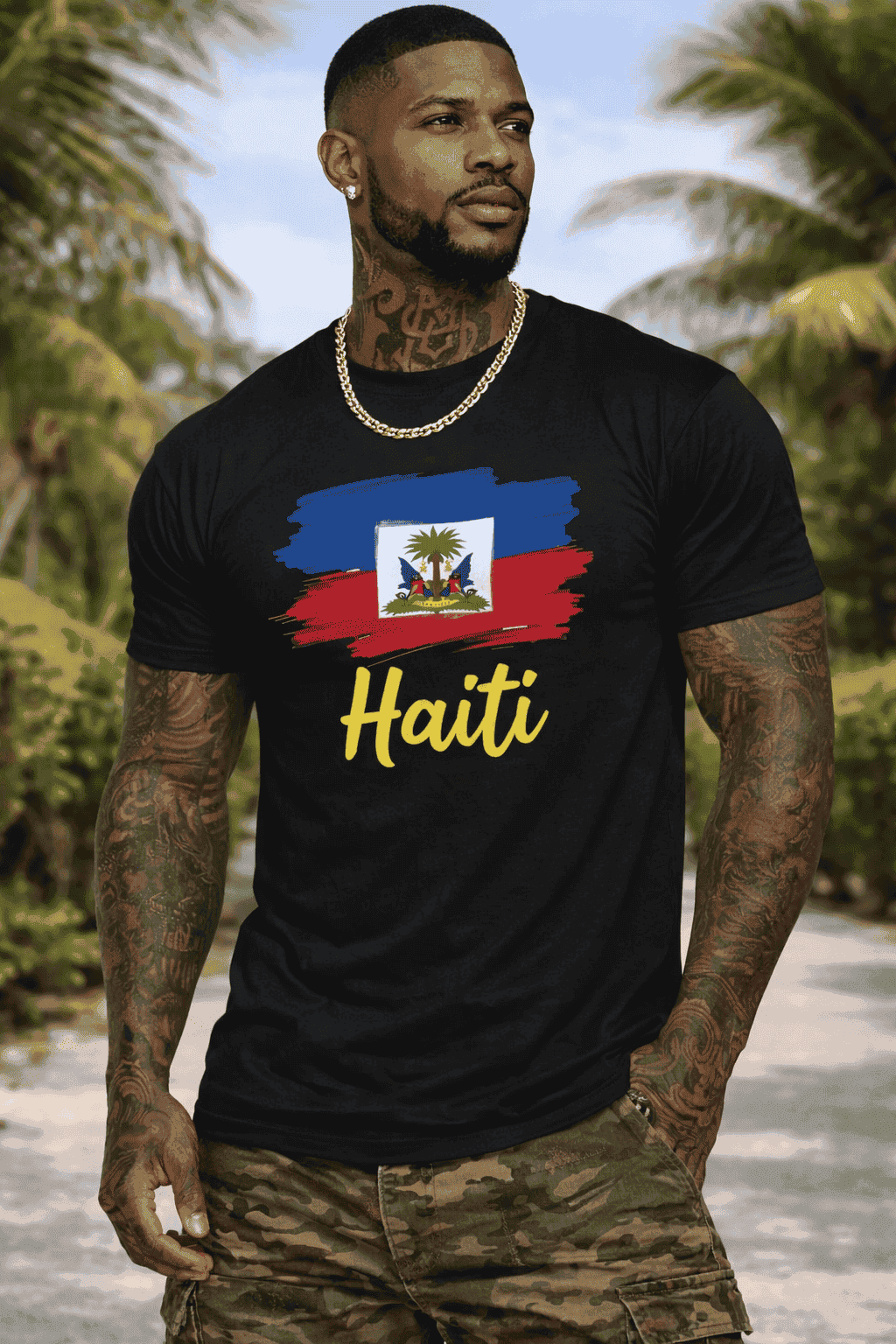 T Shirt For Man 100% Cotton Summer Haiti flag Print Casual Slim Fit Round Neck Short Sleeved T-shirt Top